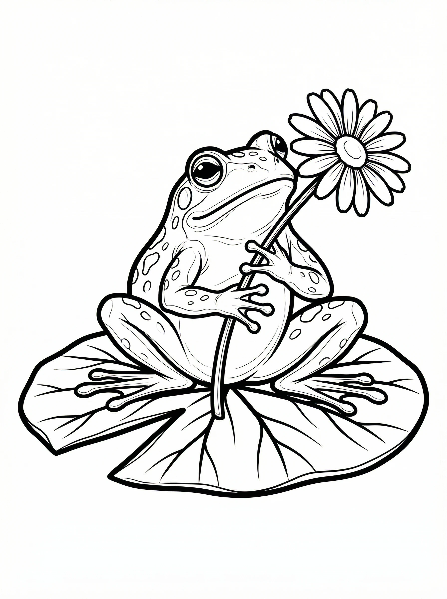 Frog on a Lily Pad with Daisy Coloring Page