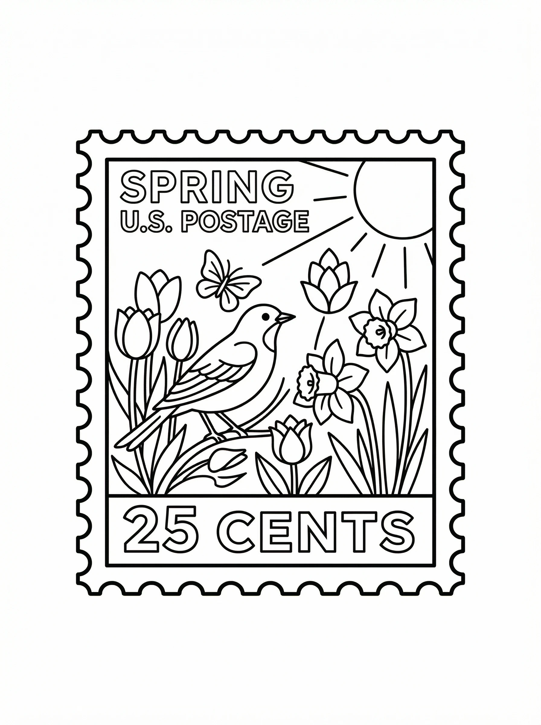 Vintage Spring Postage Stamp Coloring Page