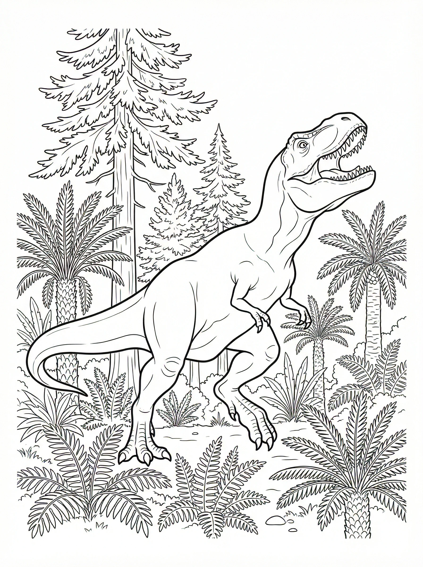 Tree Rex Colouring Roaring T-Rex in Prehistoric Forest Coloring Page