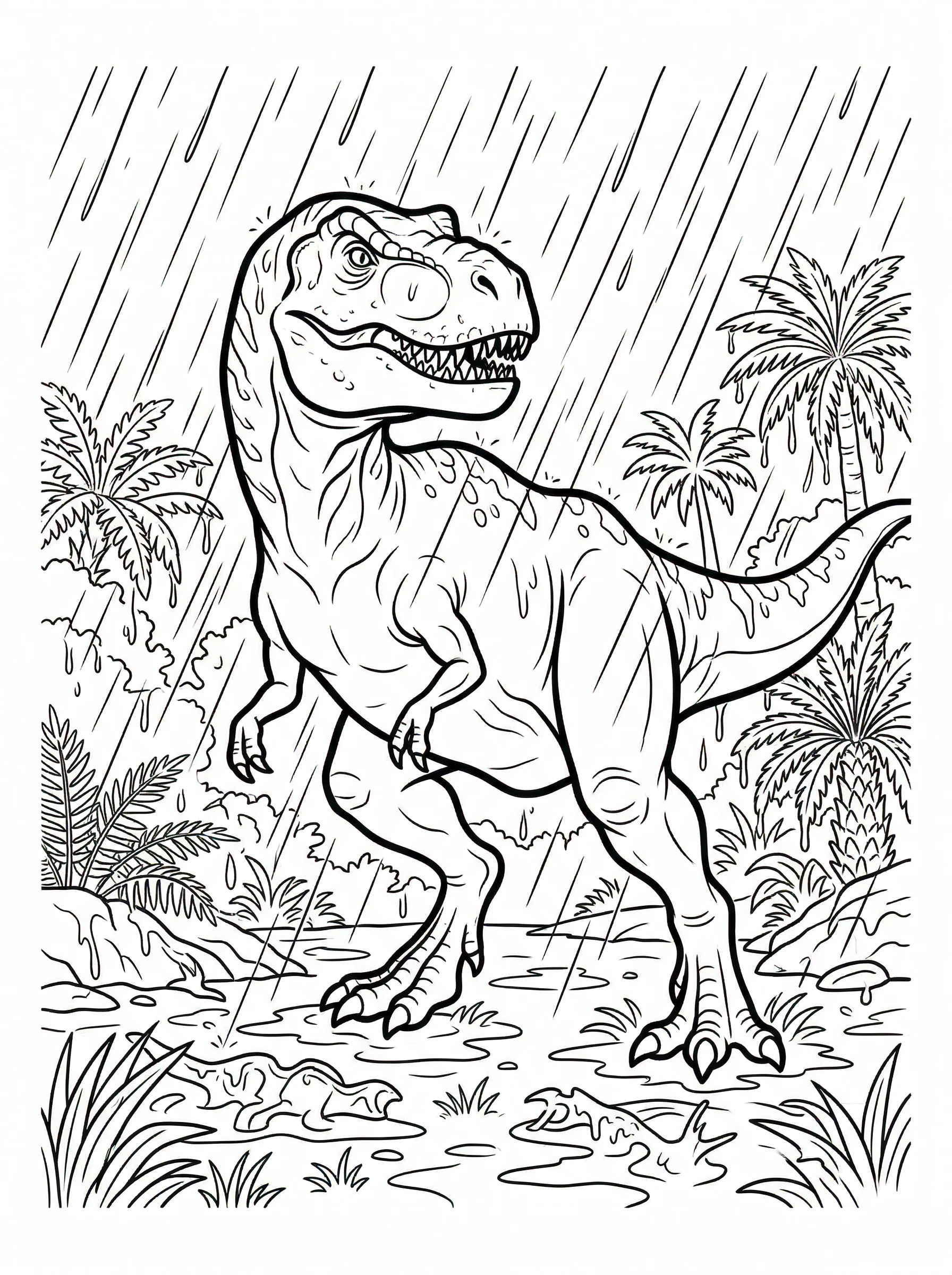 T-Rex Hunting in Rainstorm Coloring Page
